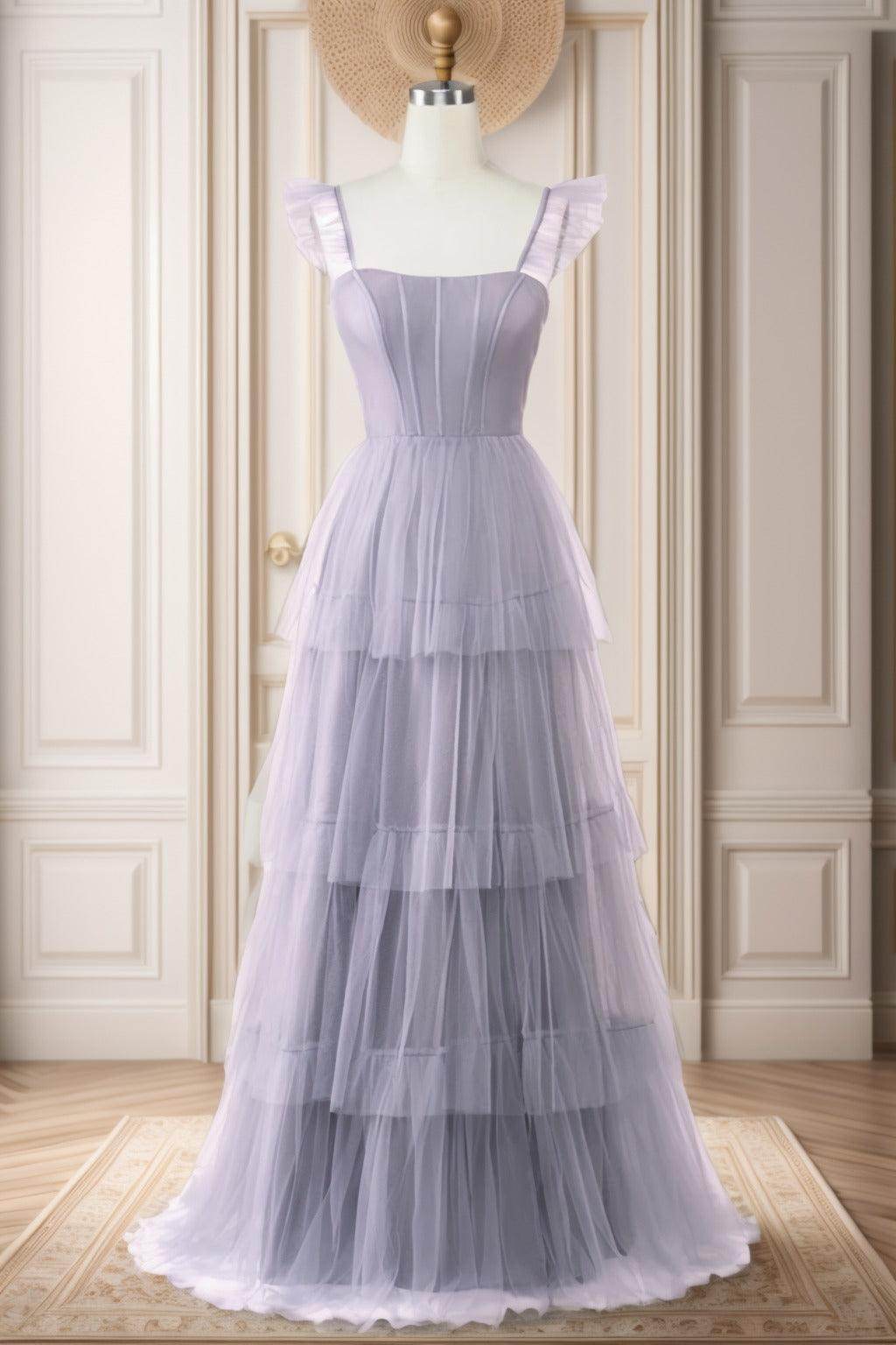 A-Line Sweep-Brush Train Tulle Prom Dress CS0471