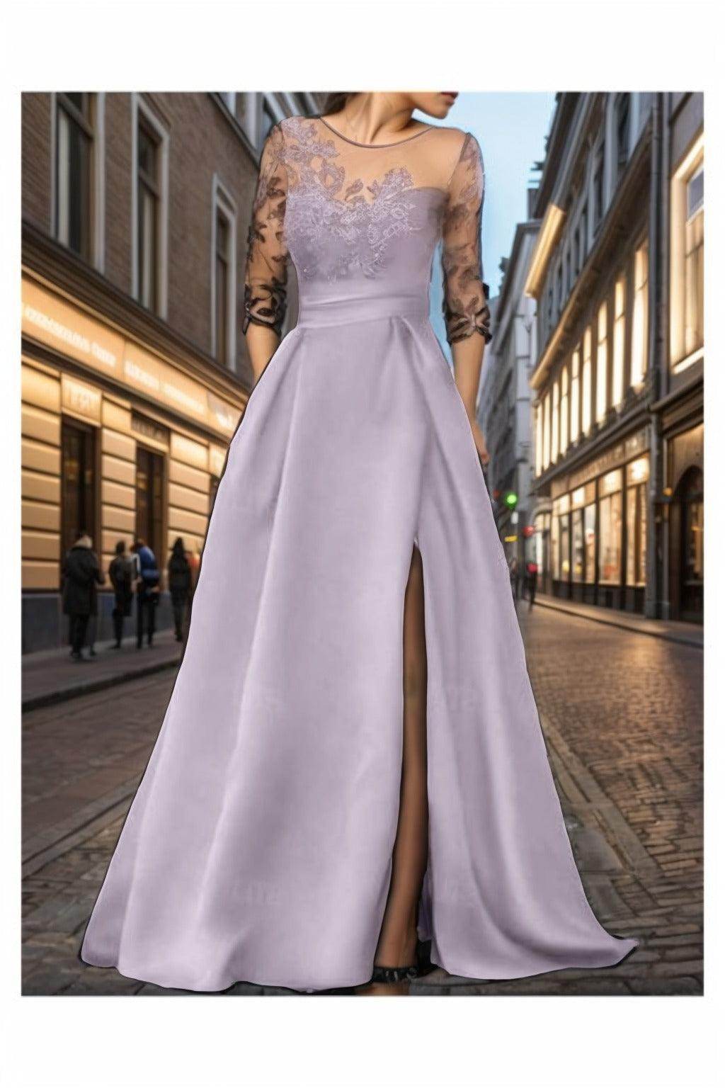 A-Line Sweep-Brush Train Satin Prom Dress CS0456