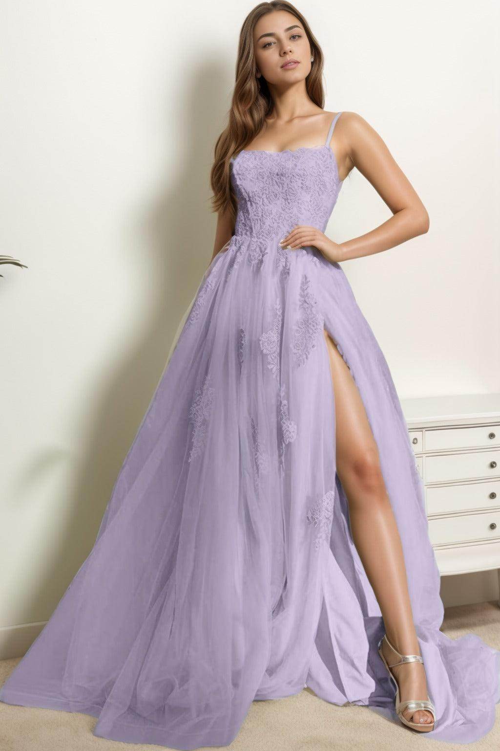 A-Line Sweep-Brush Train Tulle Prom Dress CS0415