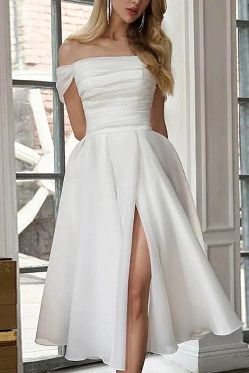 A-Line Tea Length Organza Little White Dress 100046