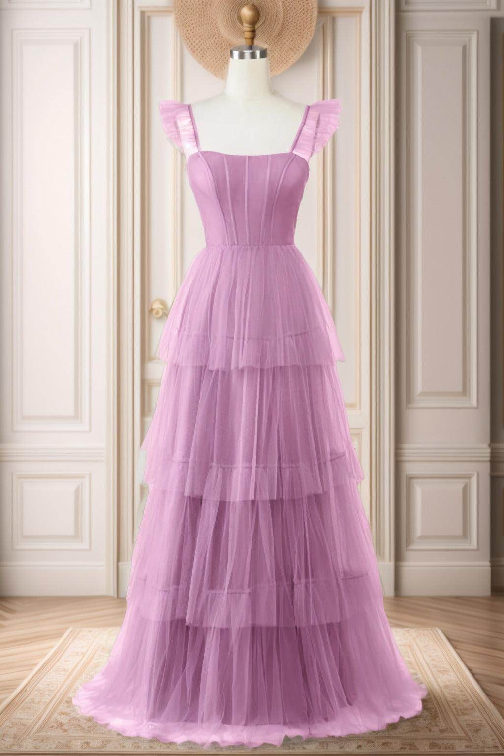 A-Line Sweep-Brush Train Tulle Prom Dress CS0471