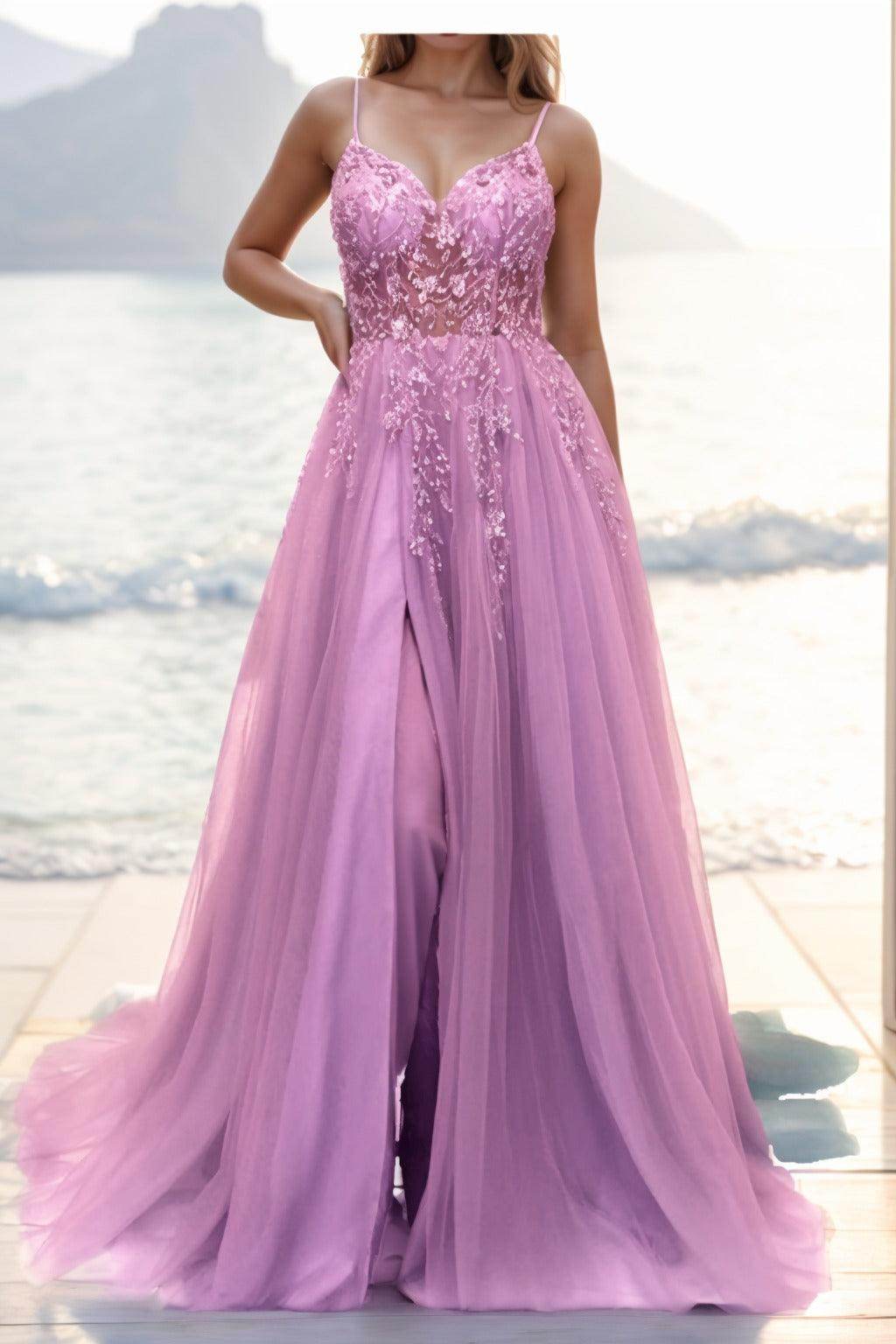 A-line Sweep-Brush Train Tulle Prom Dress CS0402