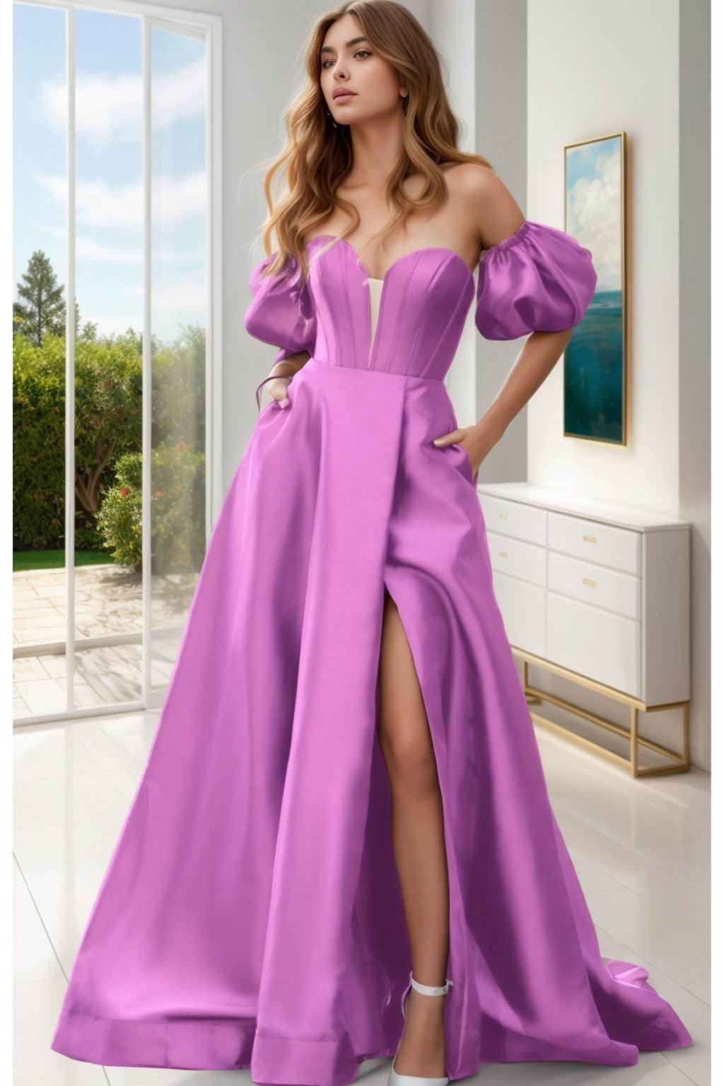 A-Line Sweep-Brush Train Satin Prom Dress CS0448