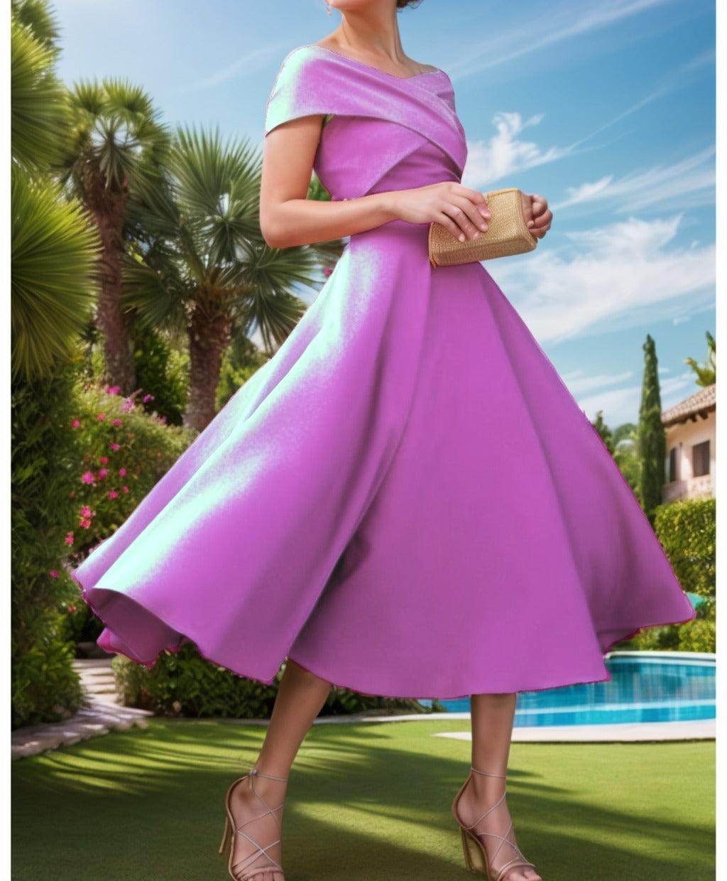 A-Line Tea Length Satin Prom Dress CS0455