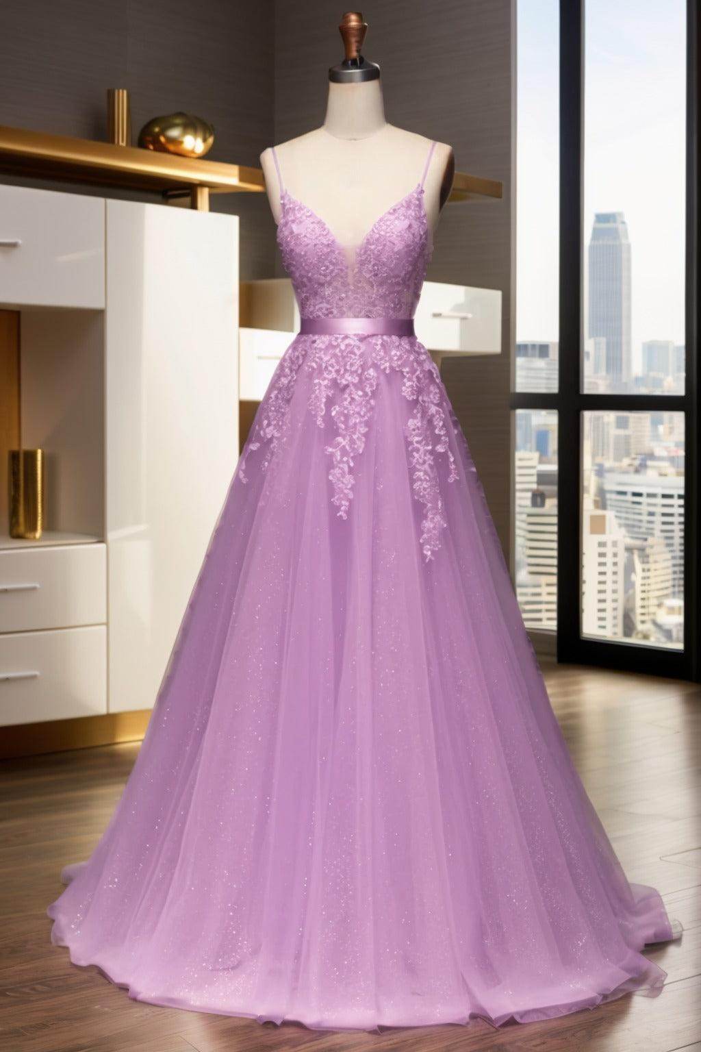 A-Line Sweep-Brush Train Tulle Prom Dress CS0464