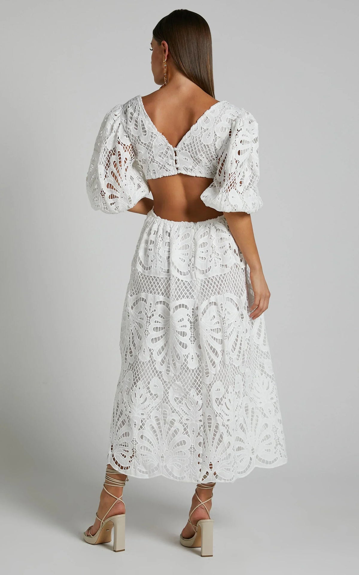 Anieshaya Midi Dress - V Neck Cut Out Lace Dress In White