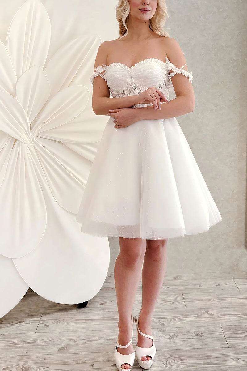 A-Line Knee Length Lace Tulle Little White Dress 100034