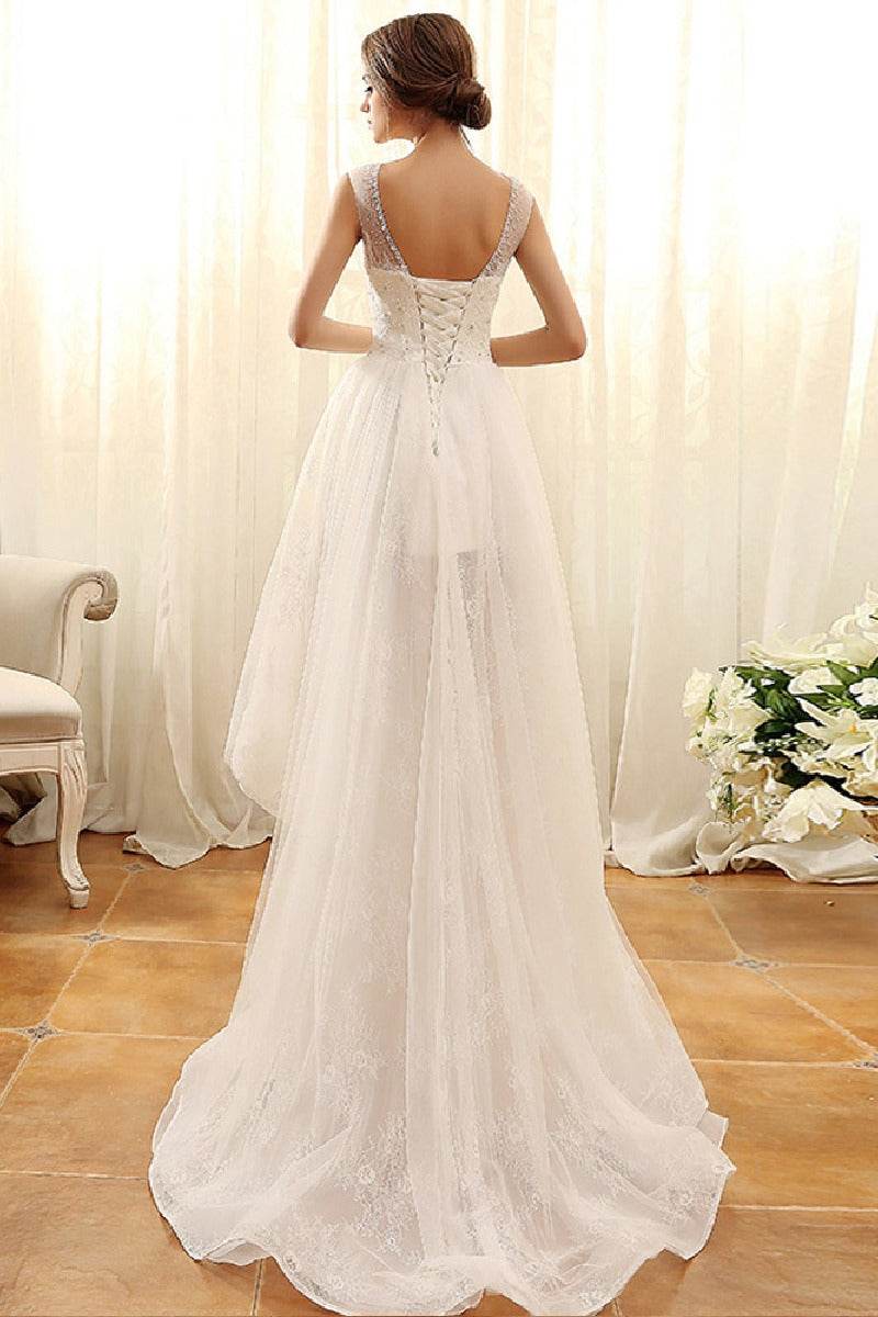 A-Line High-Low Lace Tulle Little White Dress 100045