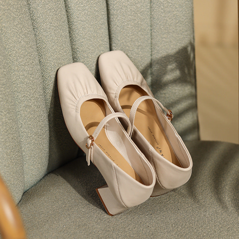 Comfortable Square Toe Mary Jane Block Heel Ruched Strap Shoes 676751558168