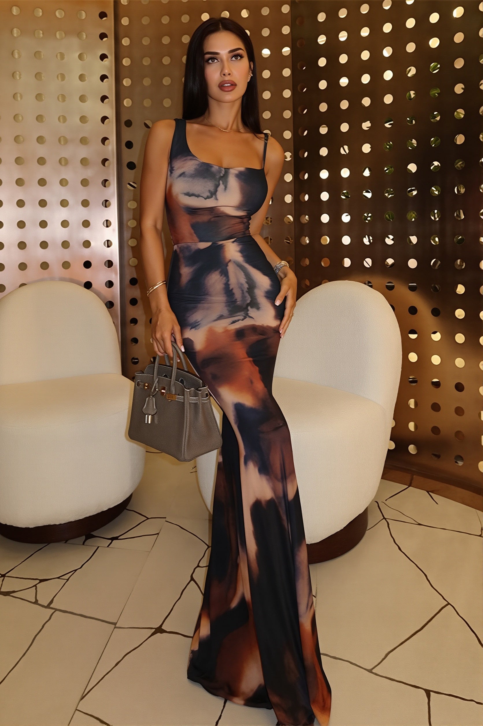 Abstract Print Spaghetti Strap Maxi Dress