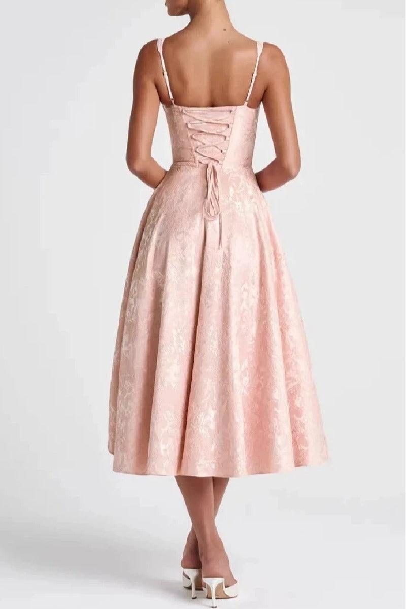 A-Line Tea Length Jacquard Satin Wedding Guest Dress 1038699395137