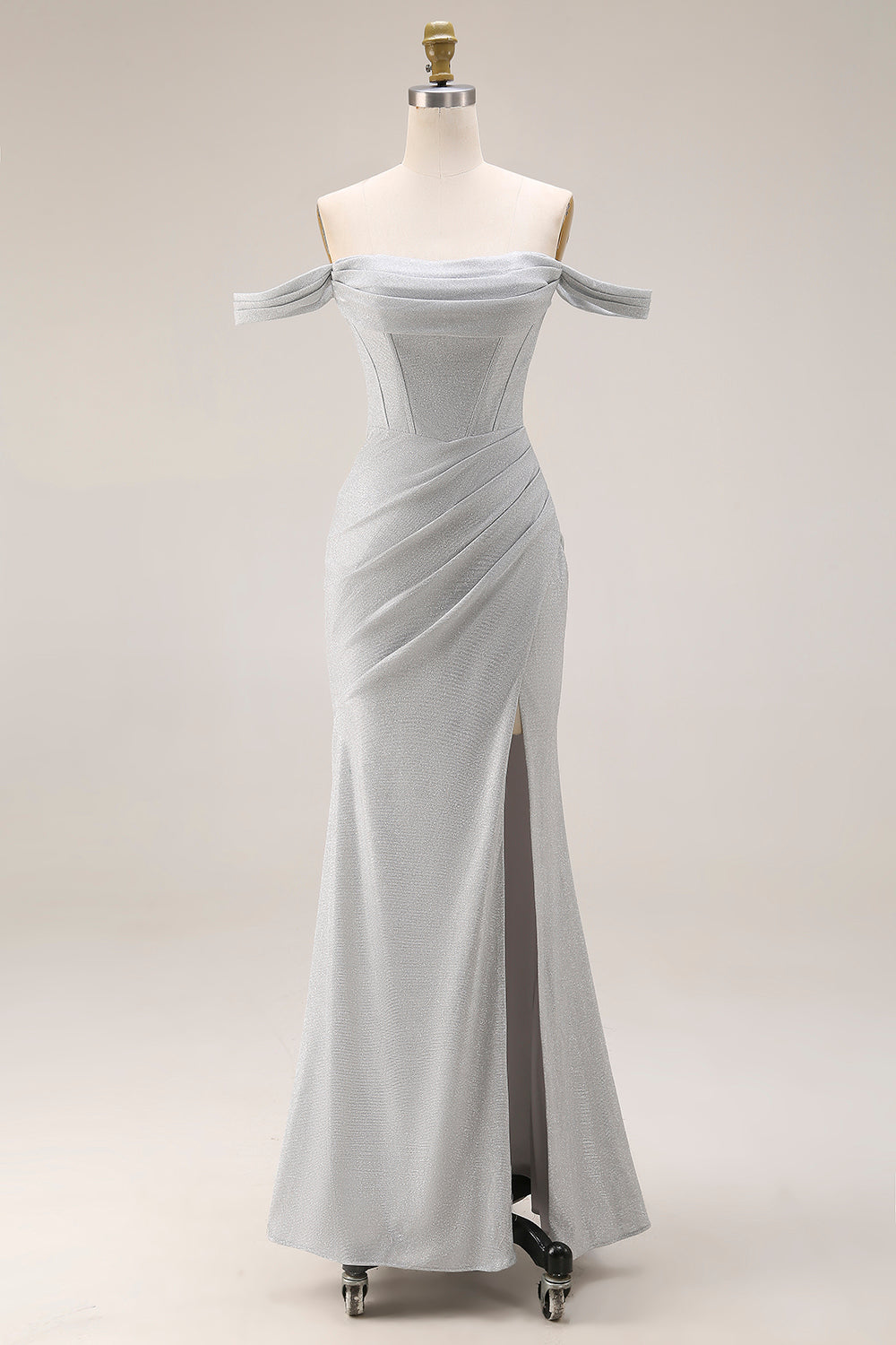 Light Grey Mermaid Off the Shoulder Ruched Long Corset Prom Dress with Slit