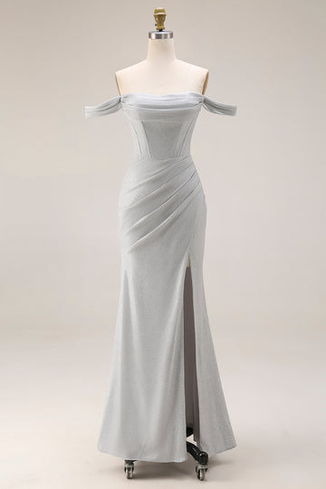 Light Grey Mermaid Off the Shoulder Ruched Long Corset Prom Dress with Slit