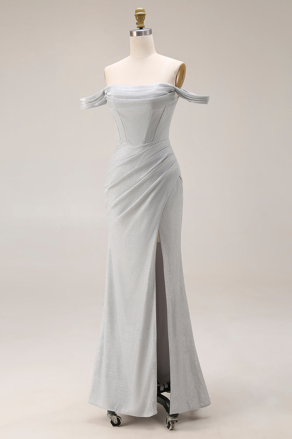 Light Grey Mermaid Off the Shoulder Ruched Long Corset Prom Dress with Slit