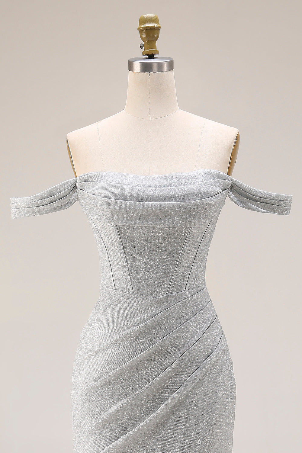 Light Grey Mermaid Off the Shoulder Ruched Long Corset Prom Dress with Slit
