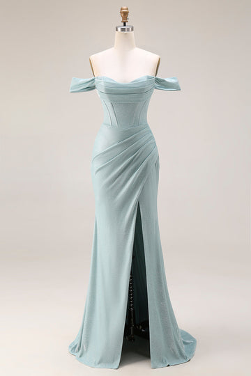 Dusty Green Mermaid Off the Shoulder Long Corset Prom Dress with Slit