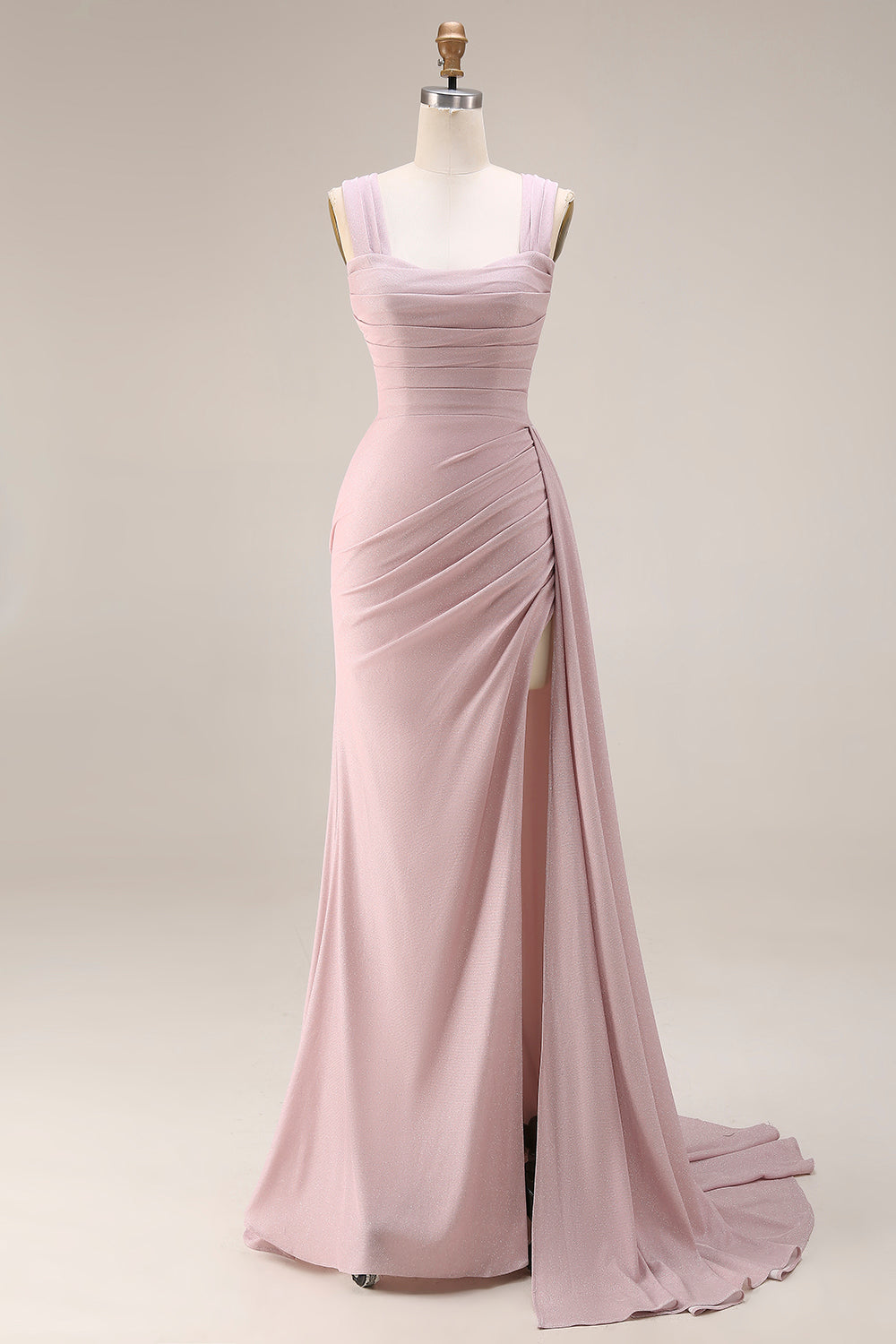 Dark Pink Mermaid Ruched Thick Straps Long Prom Dress with Side Cape