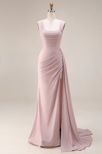 Dark Pink Mermaid Ruched Thick Straps Long Prom Dress with Side Cape