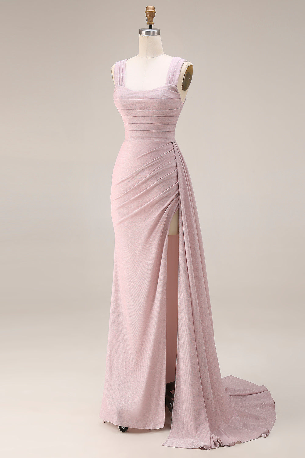 Dark Pink Mermaid Ruched Thick Straps Long Prom Dress with Side Cape