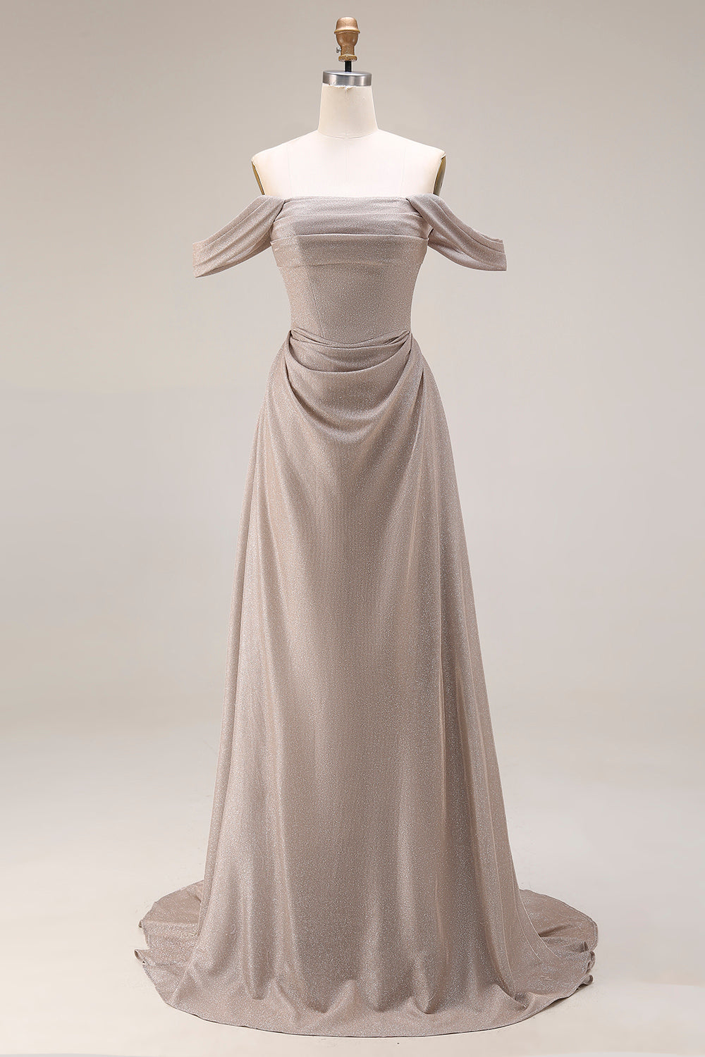 Grey A Line Ruched Off the Shoulder Long Prom Dress