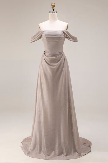 Grey A Line Ruched Off the Shoulder Long Prom Dress
