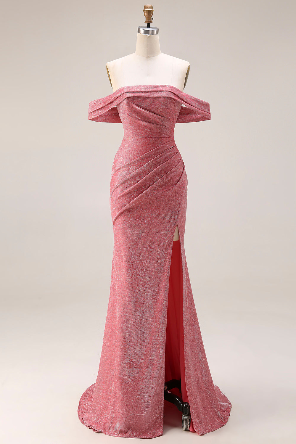 Red Ruched Mermaid Off the Shoulder Long Prom Dress with Slit