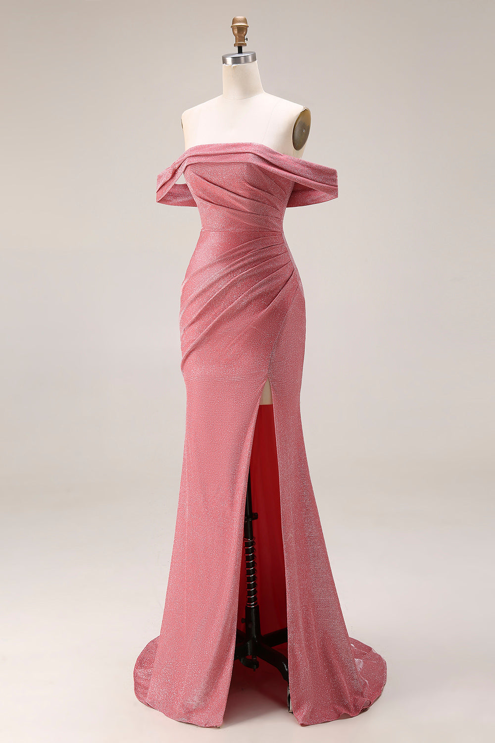 Red Ruched Mermaid Off the Shoulder Long Prom Dress with Slit
