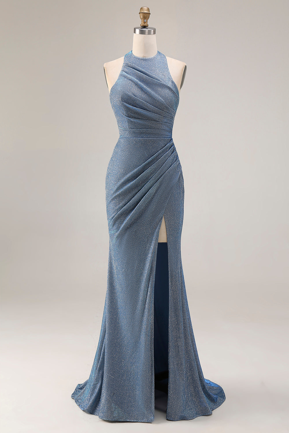 Dusty Blue Halter Neck Mermaid Long Prom Dress with Slit