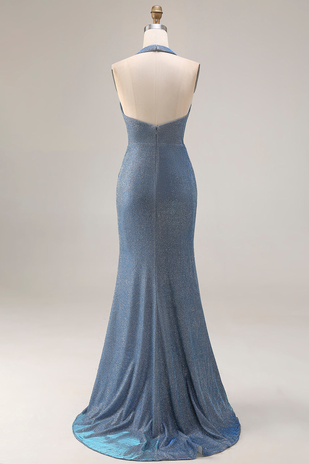 Dusty Blue Halter Neck Mermaid Long Prom Dress with Slit