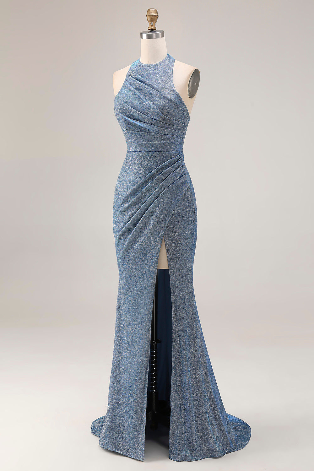 Dusty Blue Halter Neck Mermaid Long Prom Dress with Slit