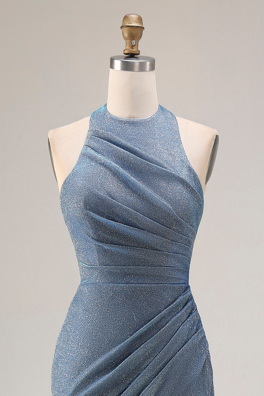 Dusty Blue Halter Neck Mermaid Long Prom Dress with Slit