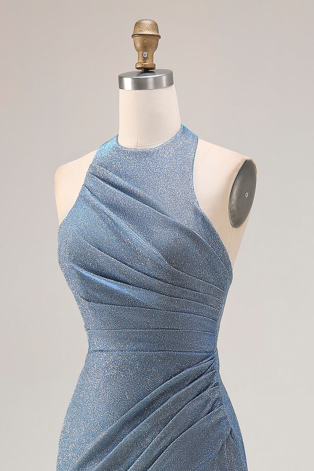 Dusty Blue Halter Neck Mermaid Long Prom Dress with Slit
