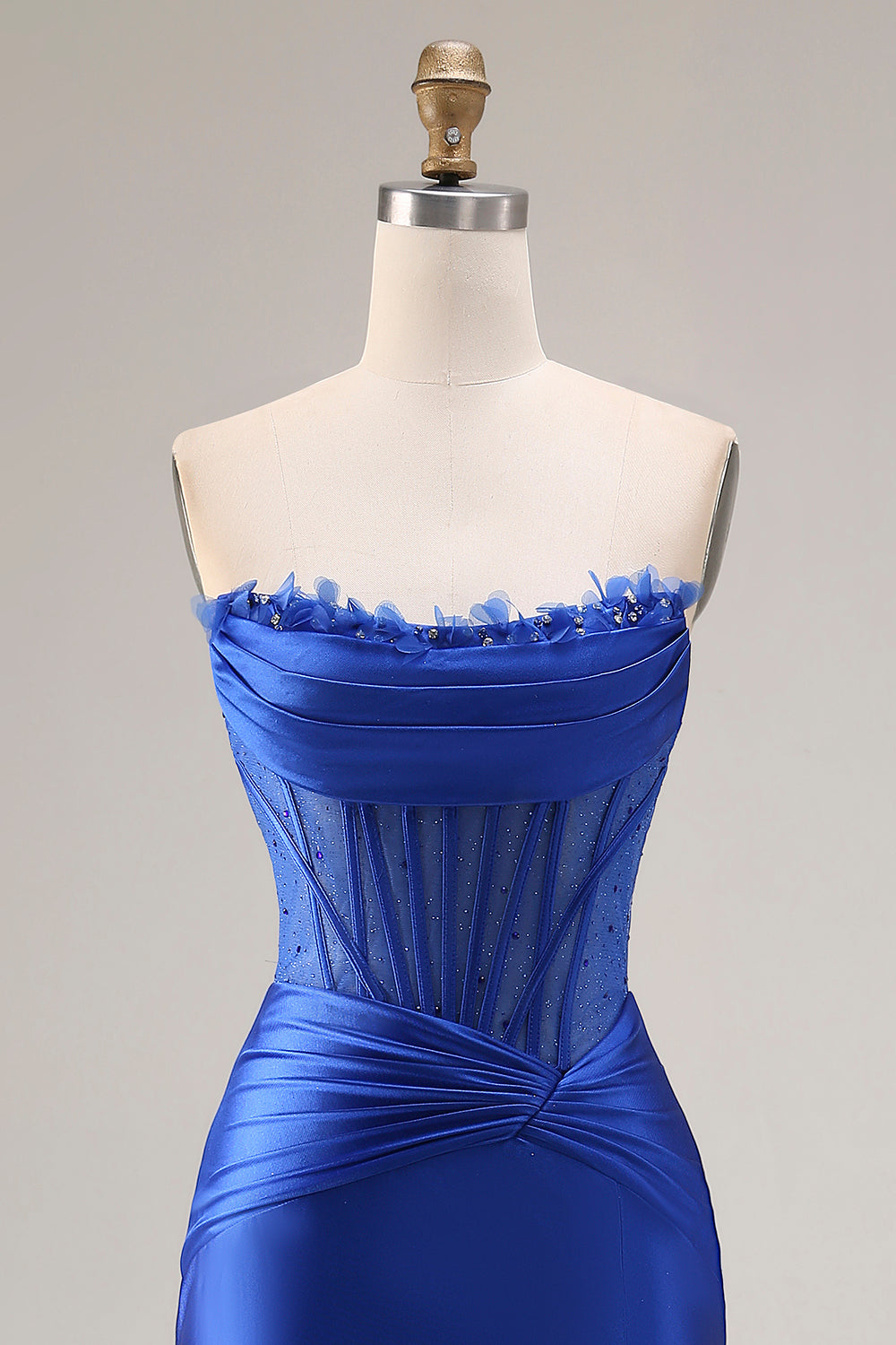 Sparkly Royal Blue Strapless Beaded Satin Mermaid Corset Long Prom Dress with Slit