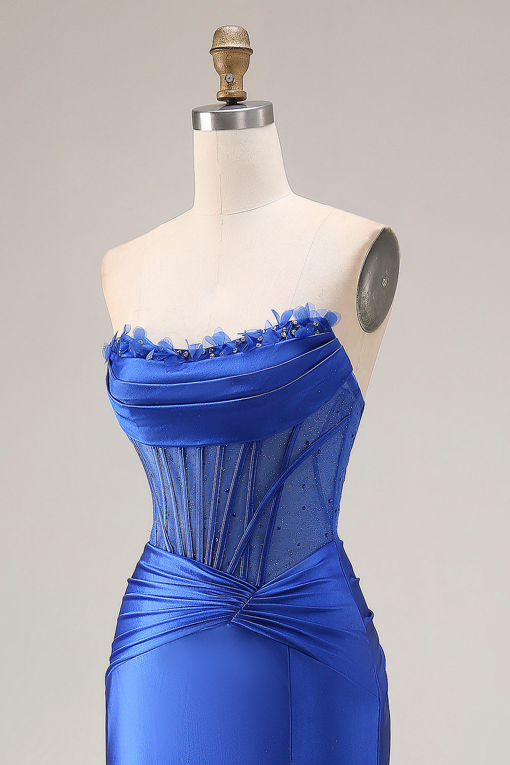 Sparkly Royal Blue Strapless Beaded Satin Mermaid Corset Long Prom Dress with Slit