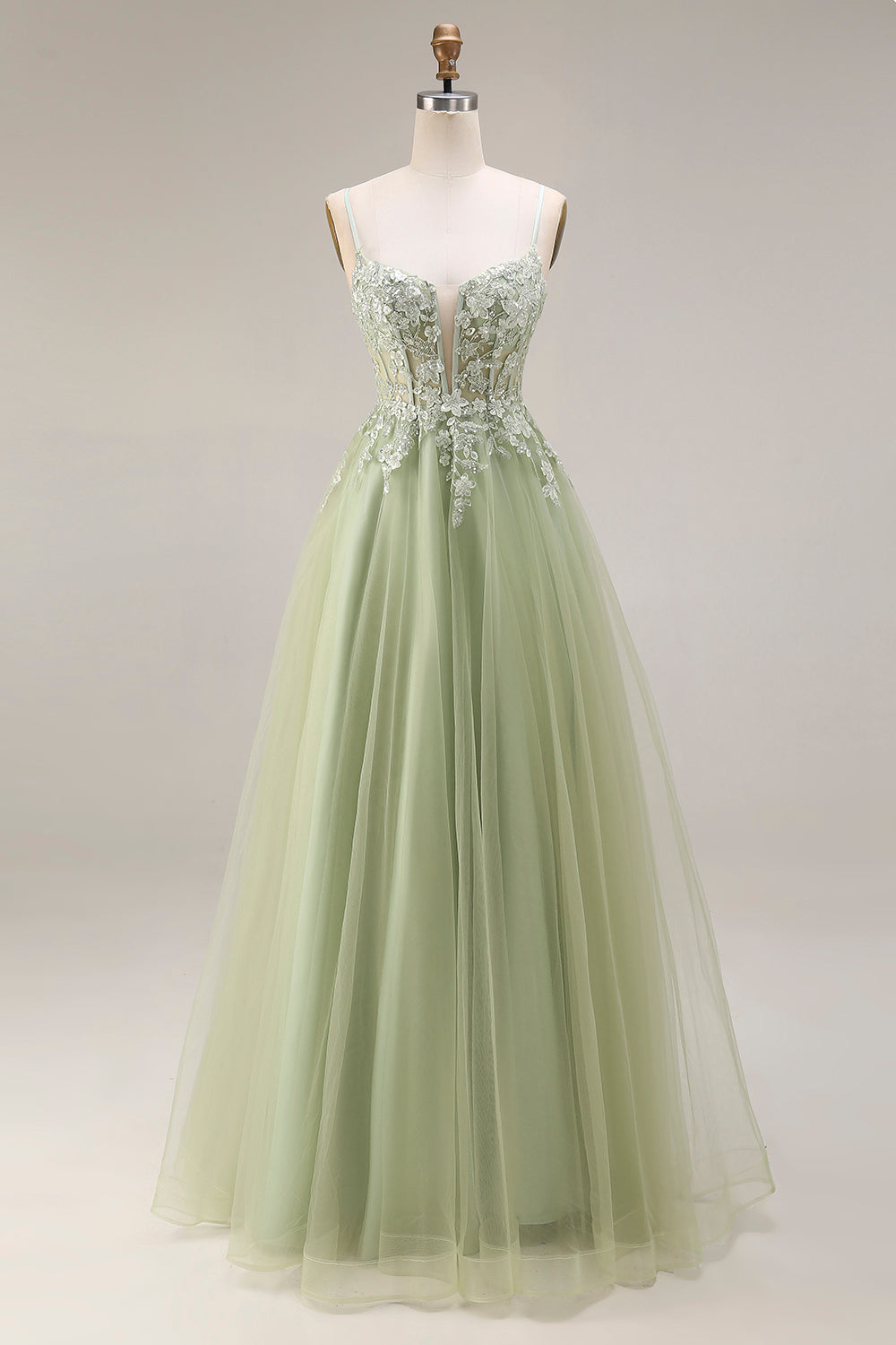 Spaghetti Straps Corset Light Green A Line Appliqued Tulle Long Prom Dress