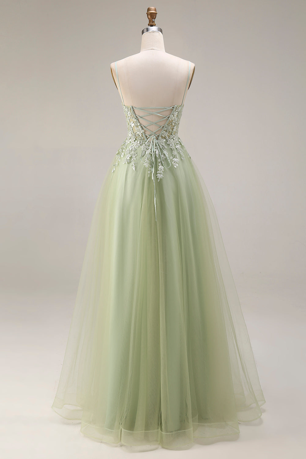 Spaghetti Straps Corset Light Green A Line Appliqued Tulle Long Prom Dress