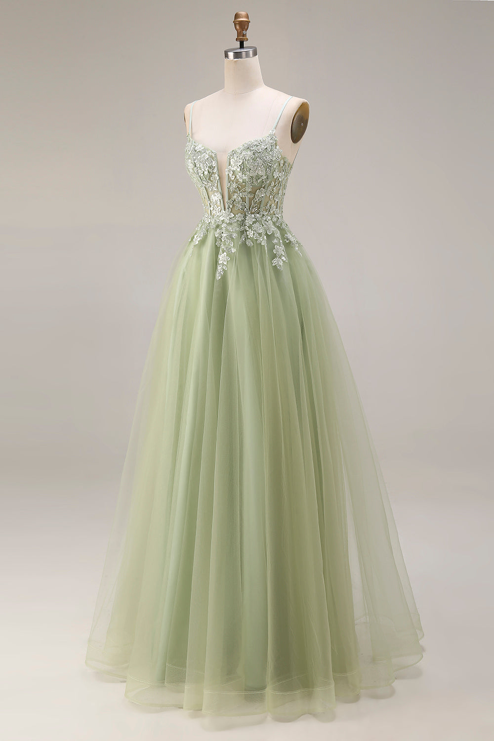 Spaghetti Straps Corset Light Green A Line Appliqued Tulle Long Prom Dress