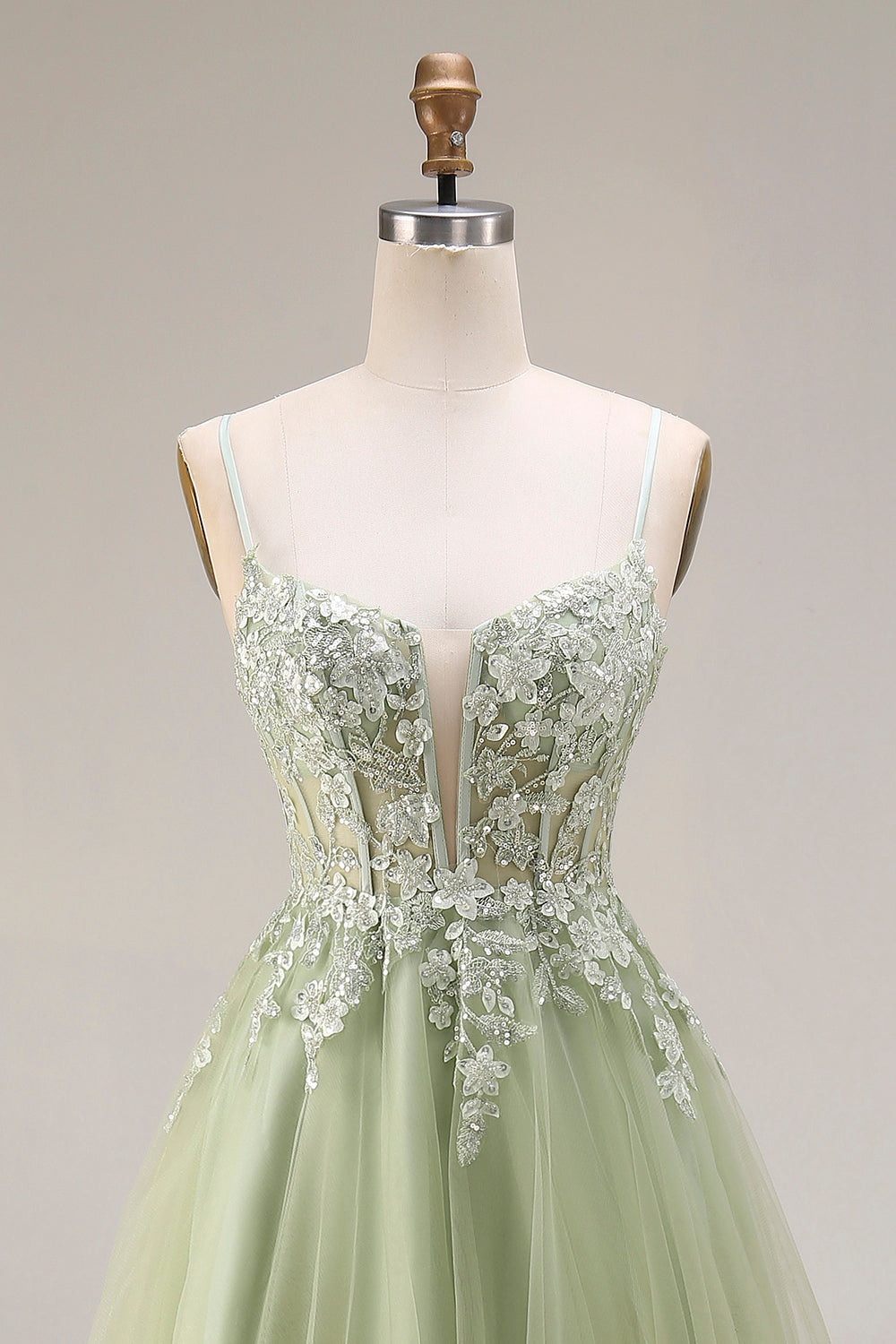 Spaghetti Straps Corset Light Green A Line Appliqued Tulle Long Prom Dress