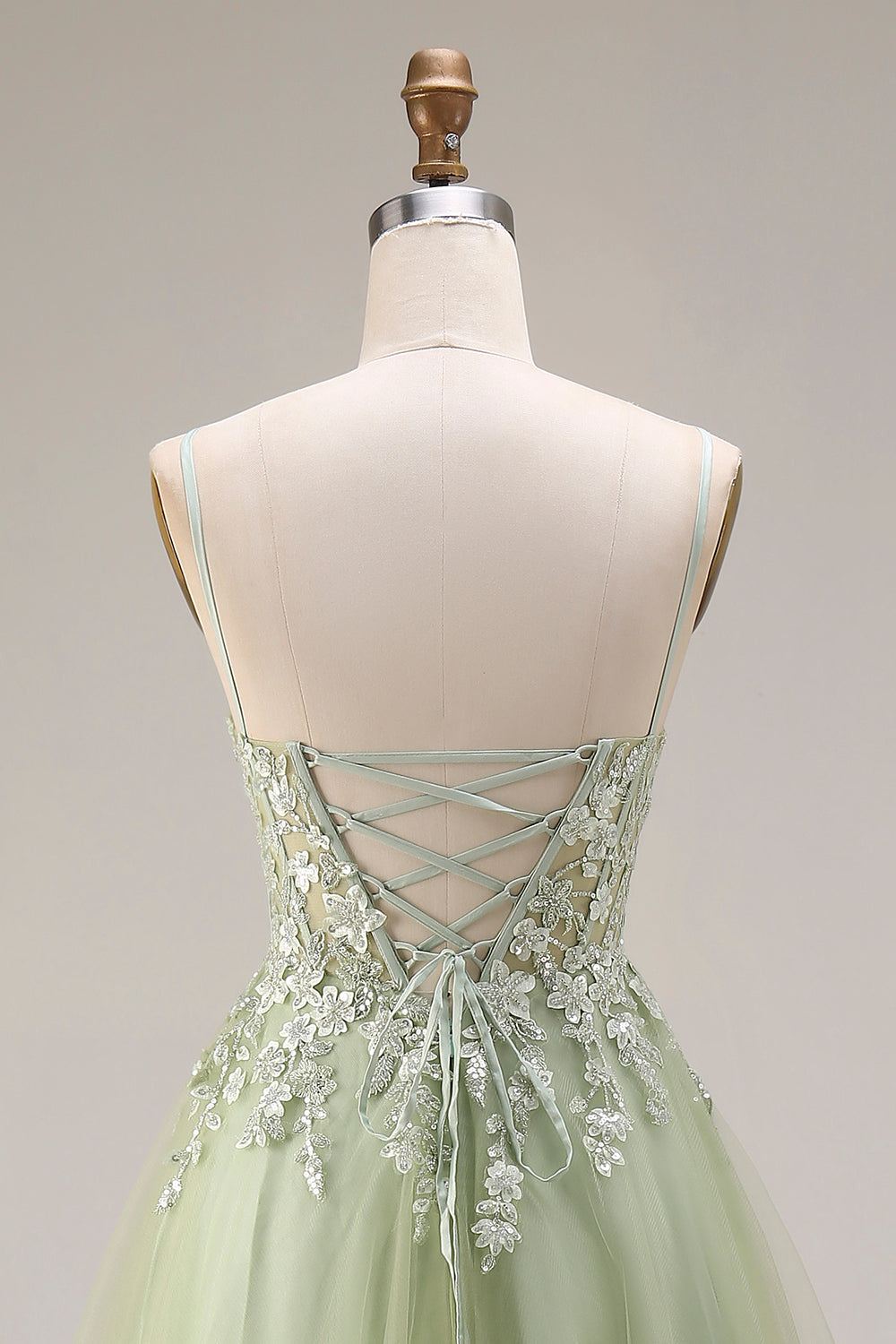 Spaghetti Straps Corset Light Green A Line Appliqued Tulle Long Prom Dress