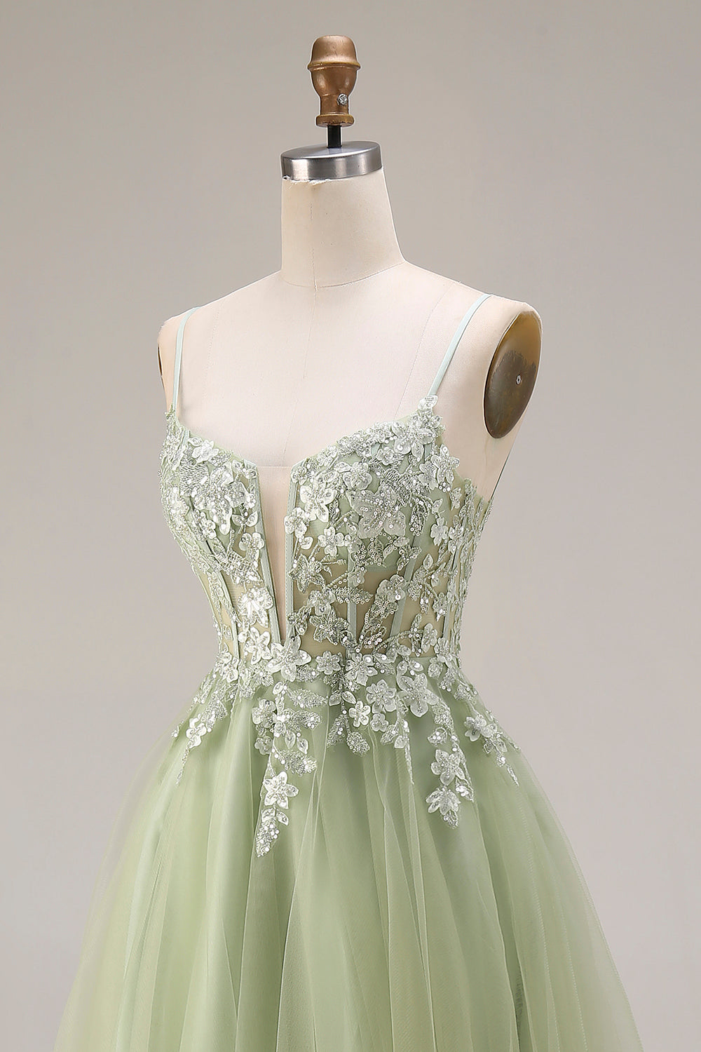 Spaghetti Straps Corset Light Green A Line Appliqued Tulle Long Prom Dress