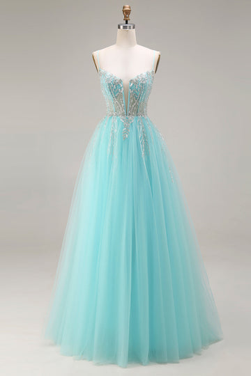 Sparkly Mint A Line Tulle Beaded Long Corset Prom Dress