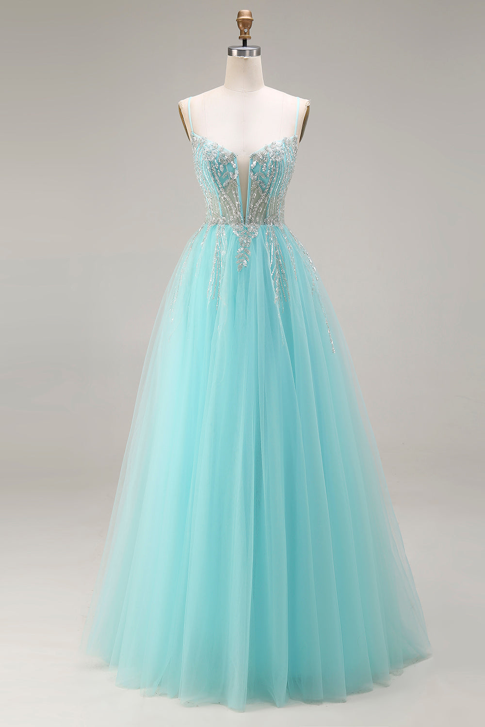 Sparkly Mint A Line Tulle Beaded Long Corset Prom Dress