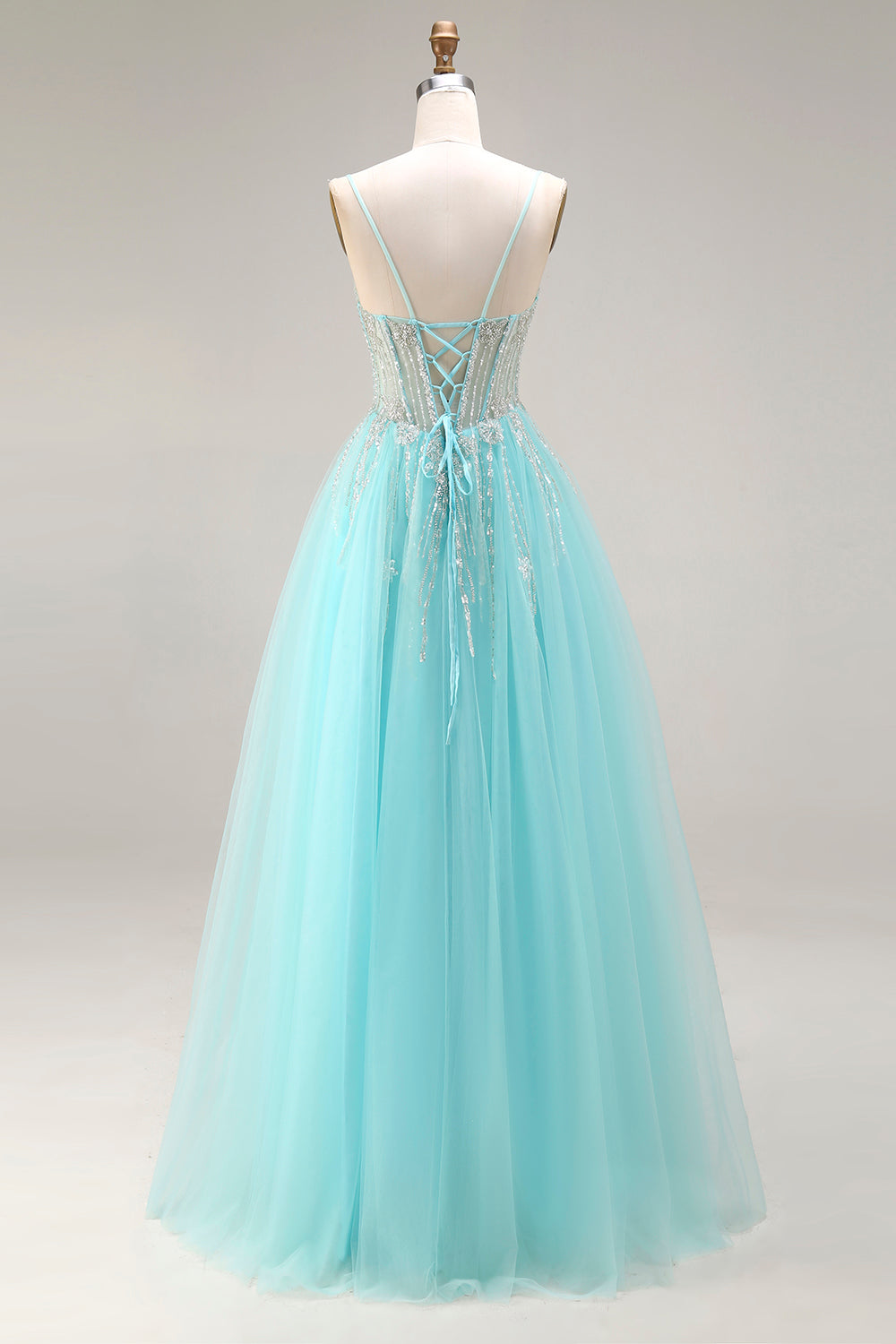 Sparkly Mint A Line Tulle Beaded Long Corset Prom Dress