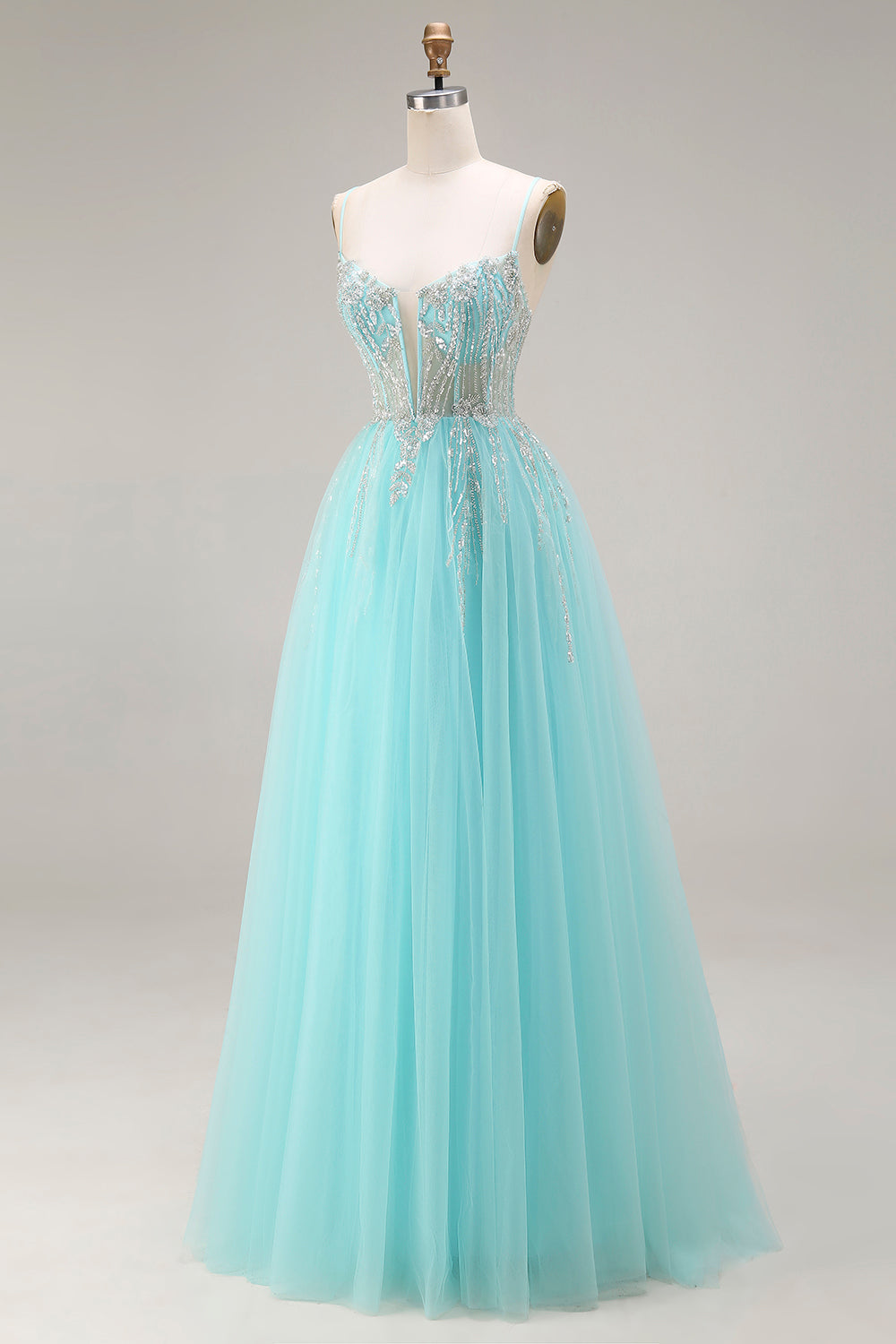 Sparkly Mint A Line Tulle Beaded Long Corset Prom Dress