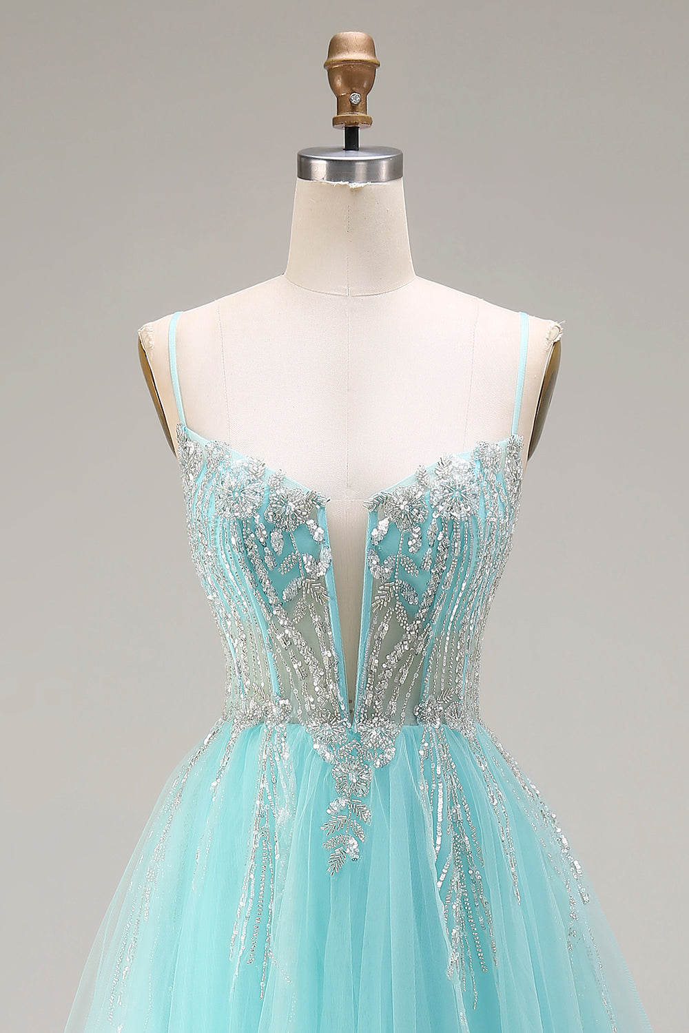 Sparkly Mint A Line Tulle Beaded Long Corset Prom Dress