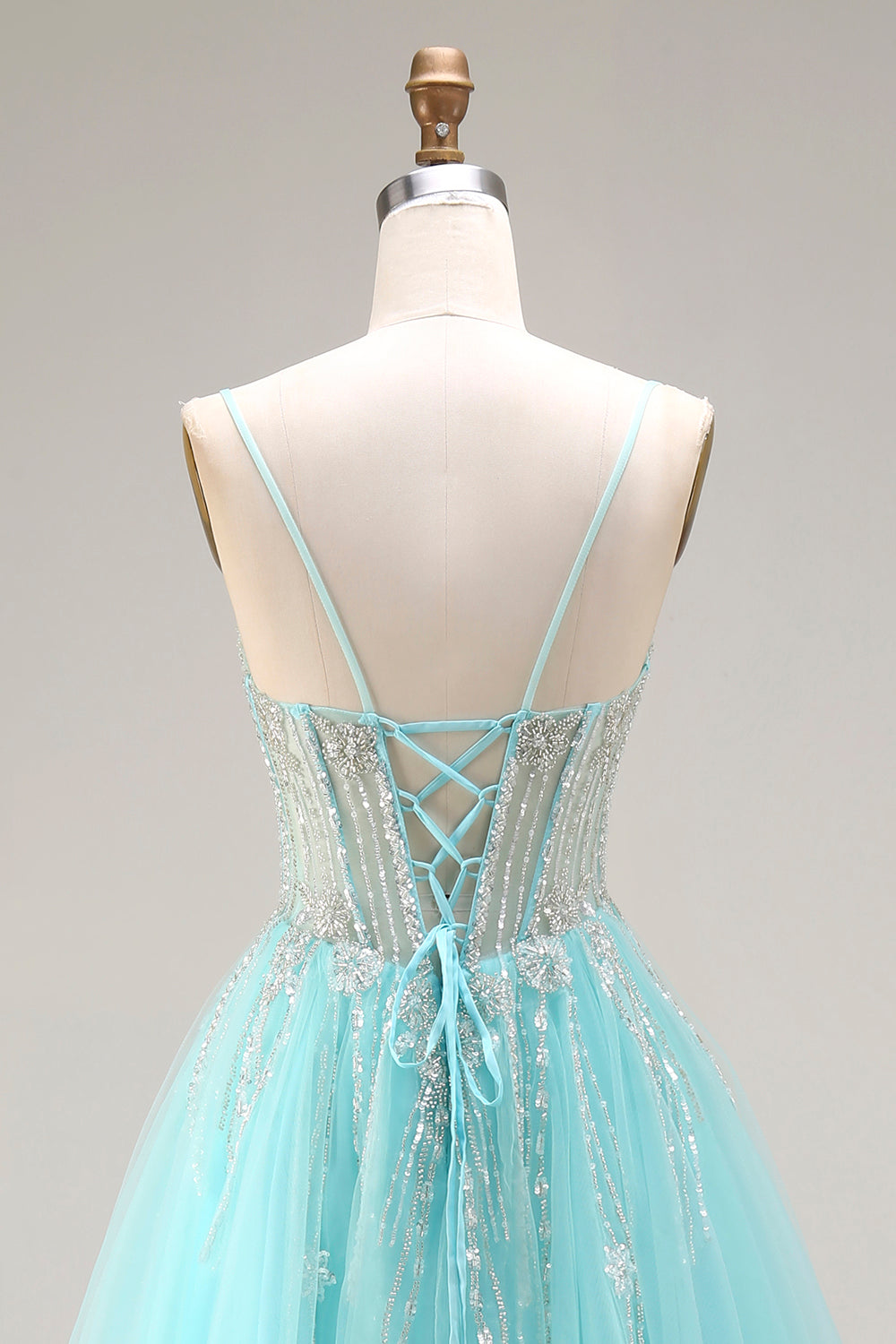 Sparkly Mint A Line Tulle Beaded Long Corset Prom Dress