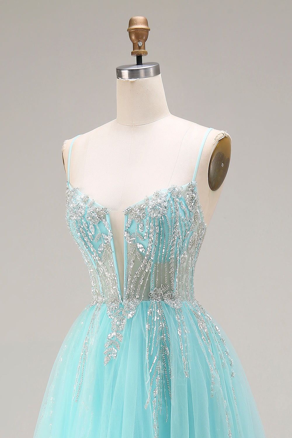 Sparkly Mint A Line Tulle Beaded Long Corset Prom Dress