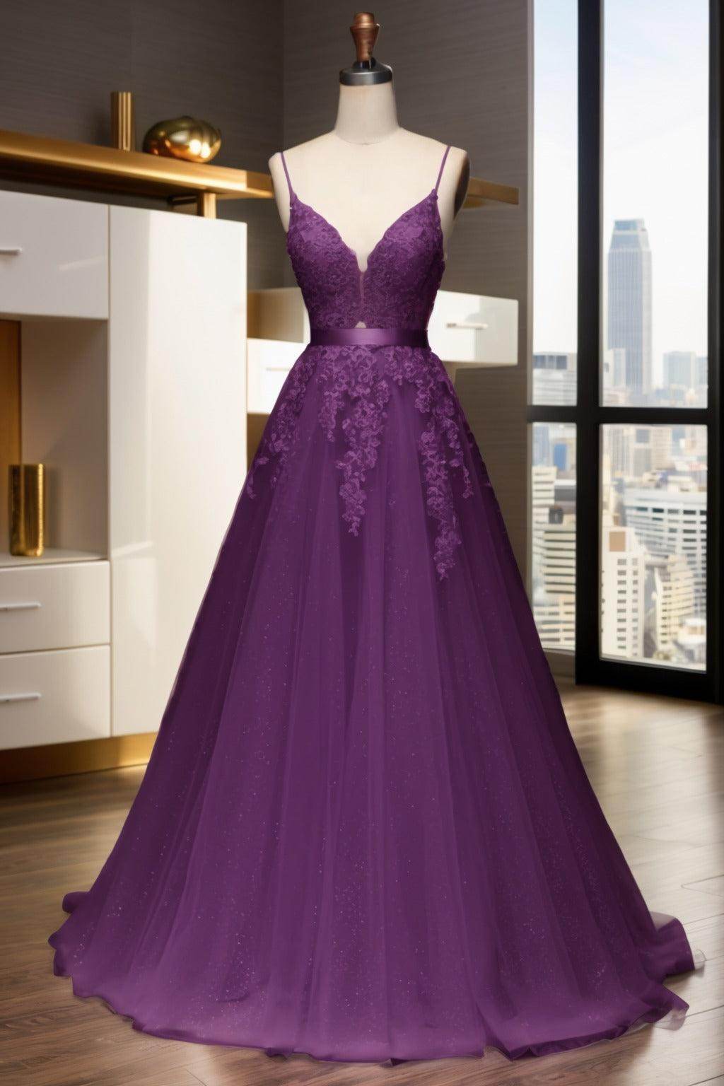 A-Line Sweep-Brush Train Tulle Prom Dress CS0464