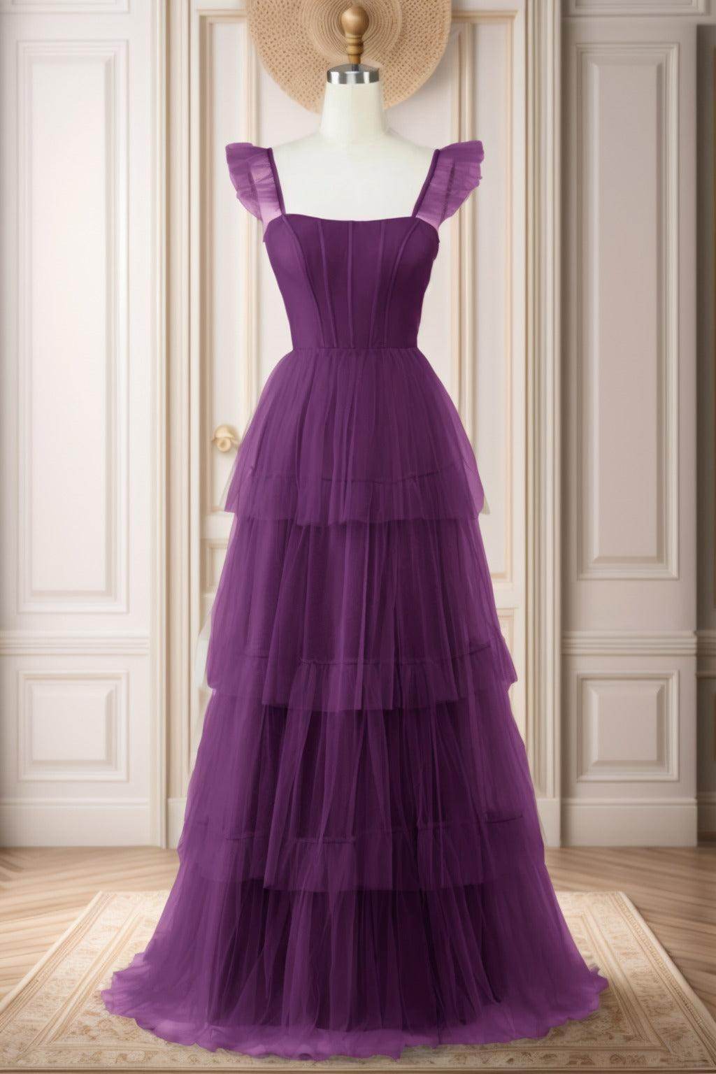 A-Line Sweep-Brush Train Tulle Prom Dress CS0471