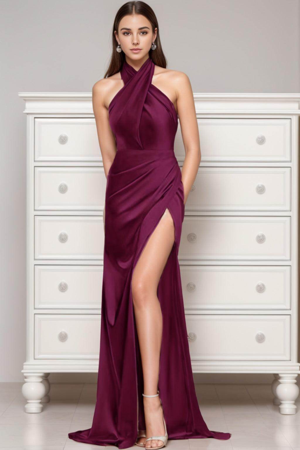 Sheath-Column Sweep-Brush Train Silk-Like Prom Dress CS0431